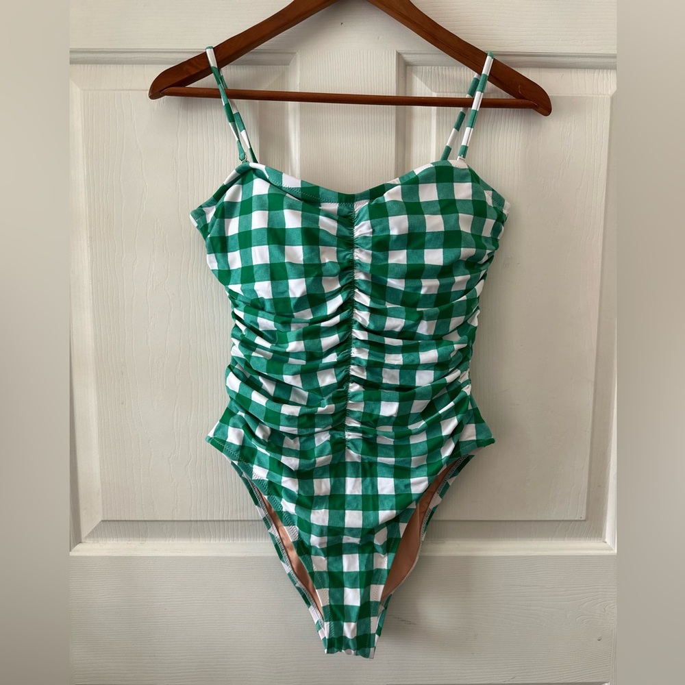 J. Crew Green and White Gingham Ruched One-Piece Swimsuit
